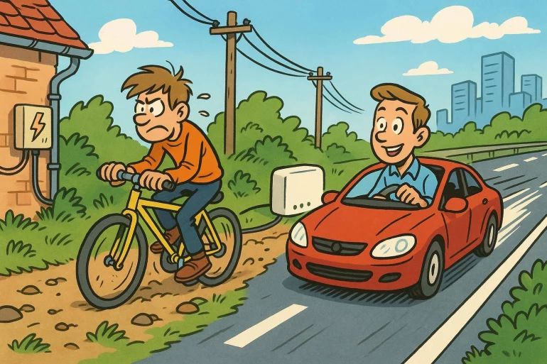 Homme en vélo fatigué voiture électrique souriante