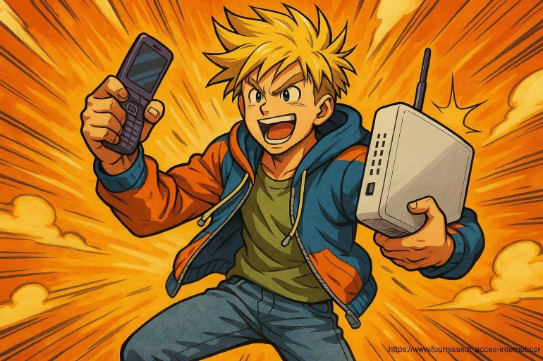 Jeune homme anime avec telephone et routeur