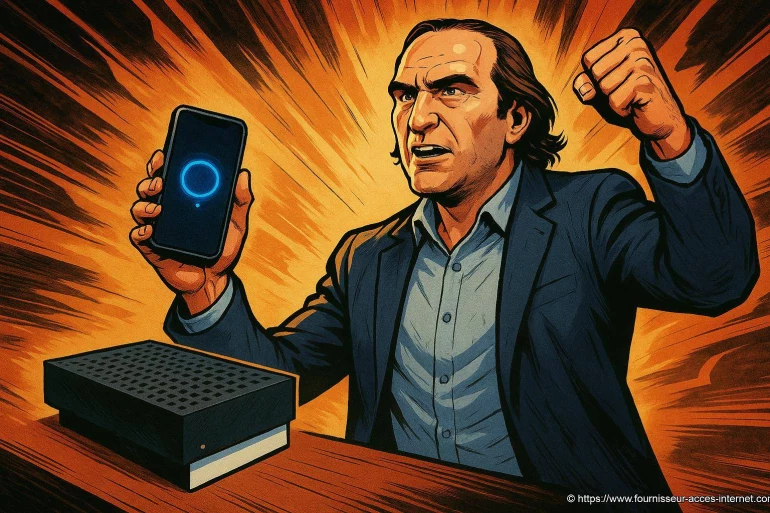 Homme furieux avec smartphone et box internet
