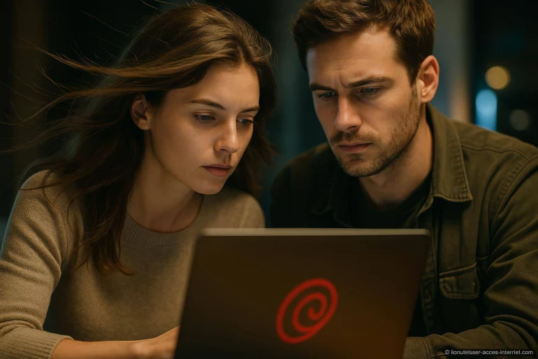 Couple concentré devant un ordinateur portable
