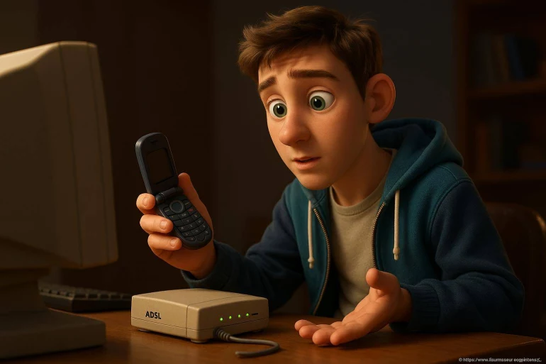 Jeune homme surpris avec téléphone fixe ADSL