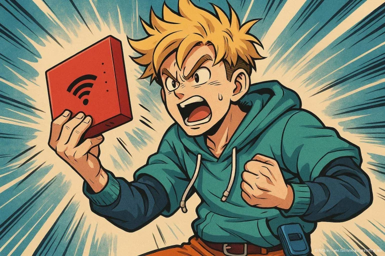 Jeune homme en colère tenant un routeur wifi