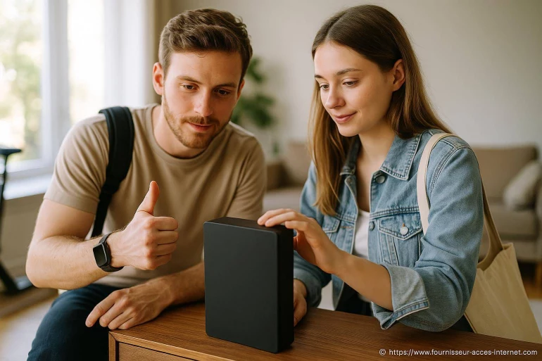 Jeune couple testant un routeur internet