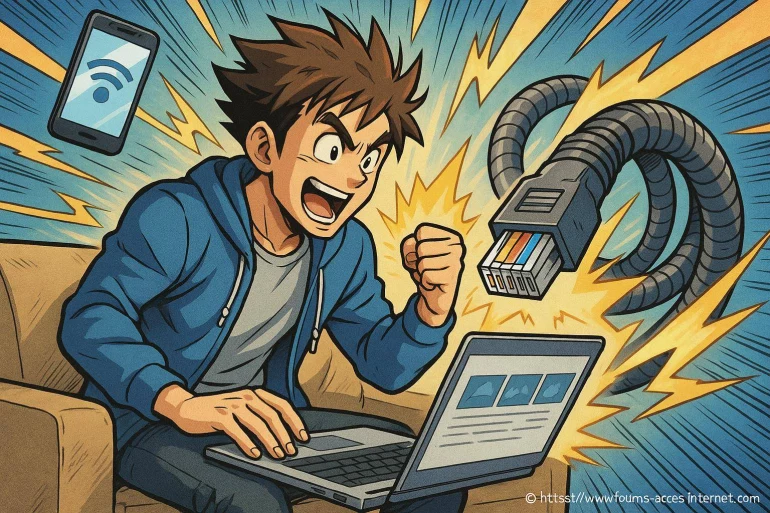 Jeune homme enthousiaste avec connexion internet