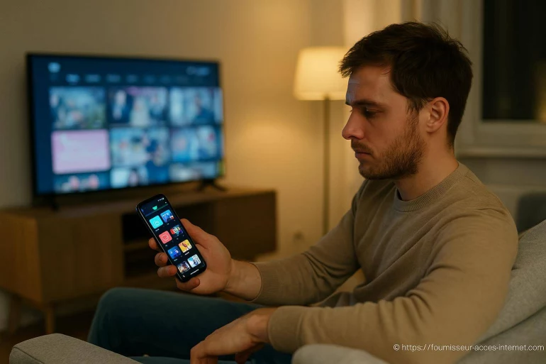 Homme choisissant un film sur smartphone