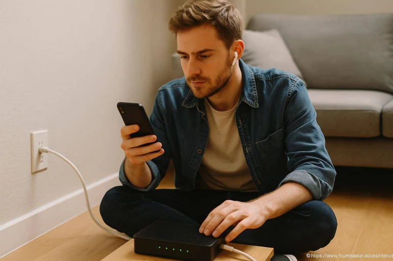 Jeune homme configure box internet
