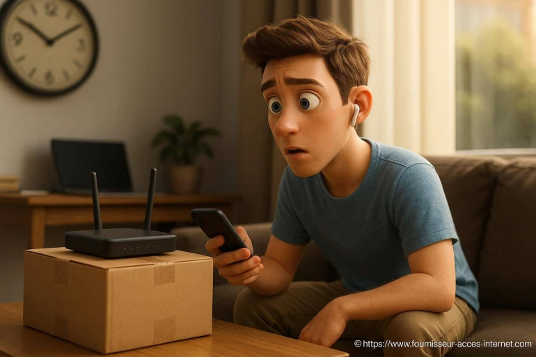 Jeune homme surpris face à un routeur wifi
