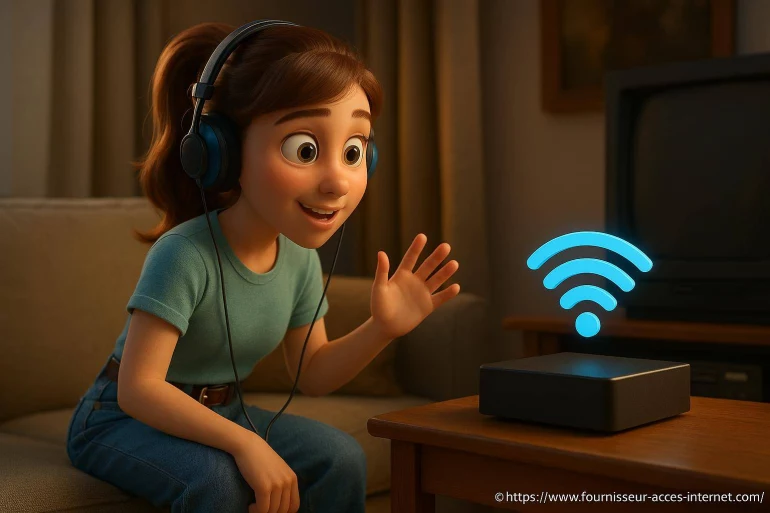 Fille écoute casque wifi routeur