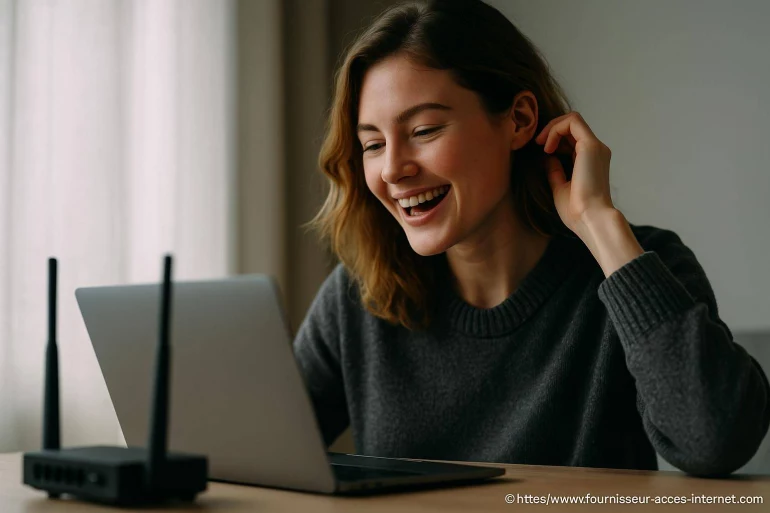 Femme souriante utilisant un ordinateur portable