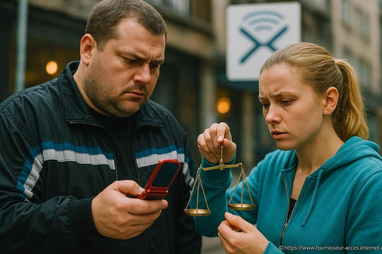 Homme et femme concentrés avec balance et téléphone