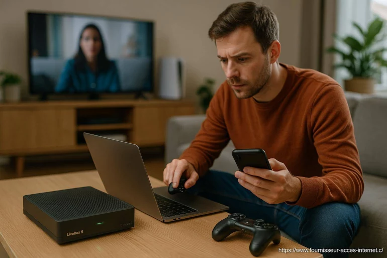 Homme utilisant ordinateur smartphone et console