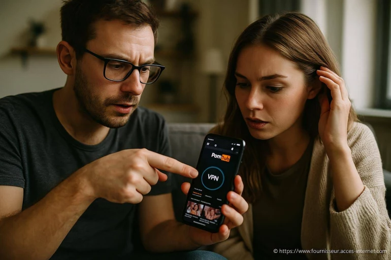 Couple utilisant un smartphone avec VPN activé