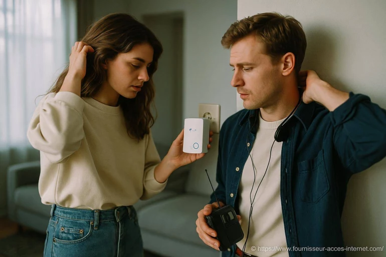 Couple testant un répéteur WiFi domestique