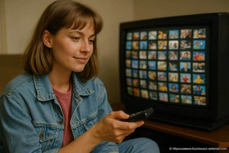 Femme utilise télécommande devant télévision