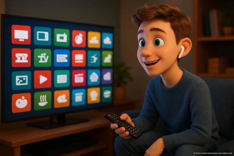 Jeune garçon utilisant télécommande devant télévision