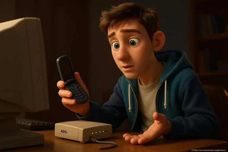 Jeune homme surpris avec téléphone fixe ADSL