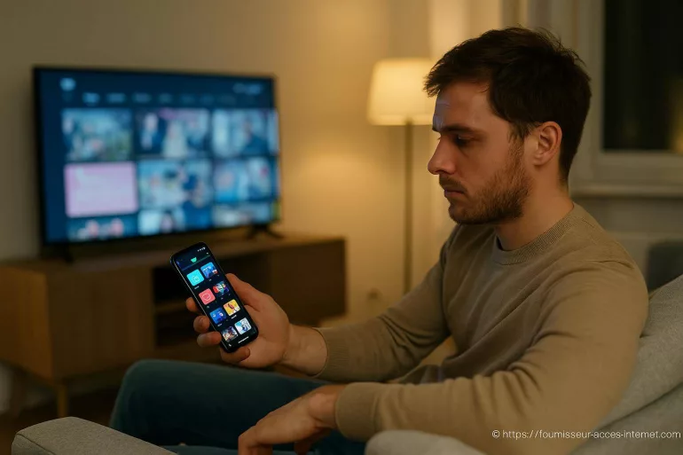 Homme choisissant un film sur smartphone