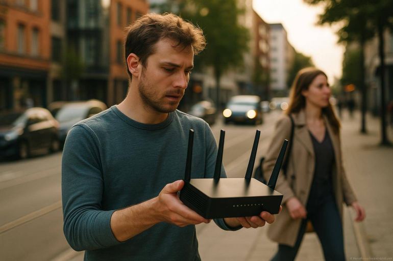 Homme tenant un routeur wifi en pleine rue
