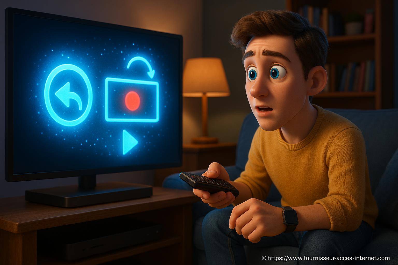 Jeune homme surpris devant télécommande et écran