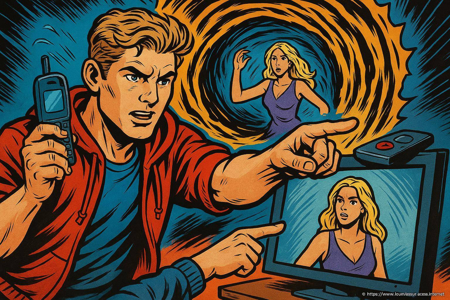 Homme utilisant un téléphone et un écran pour sauver une femme