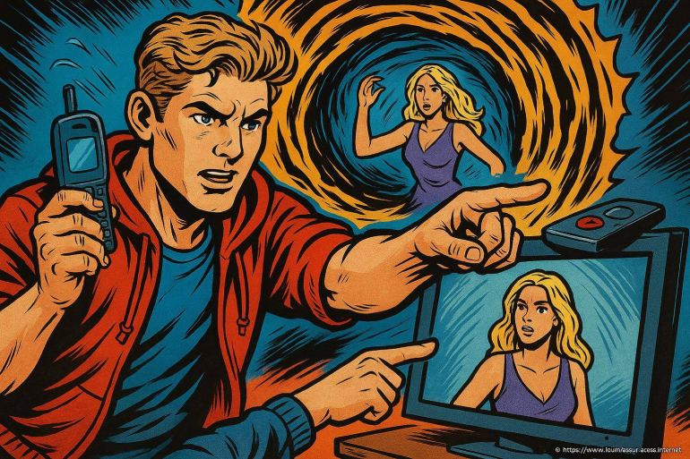 Homme utilisant un téléphone et un écran pour sauver une femme