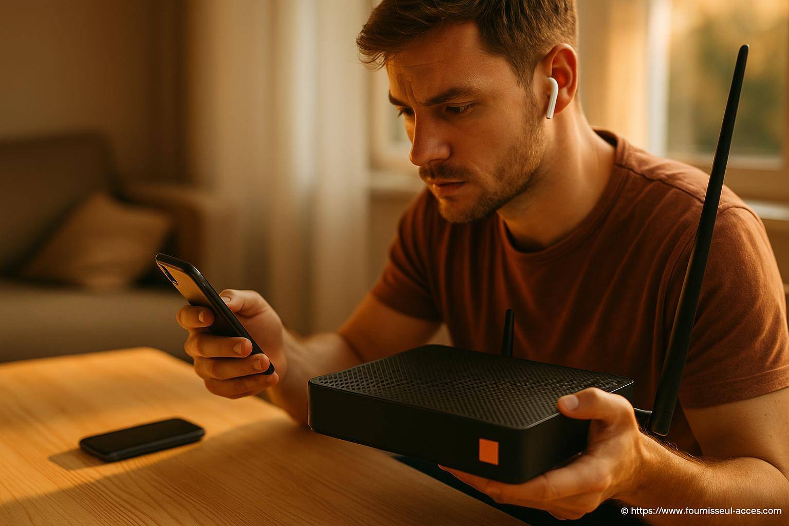 Homme configurant un routeur wifi