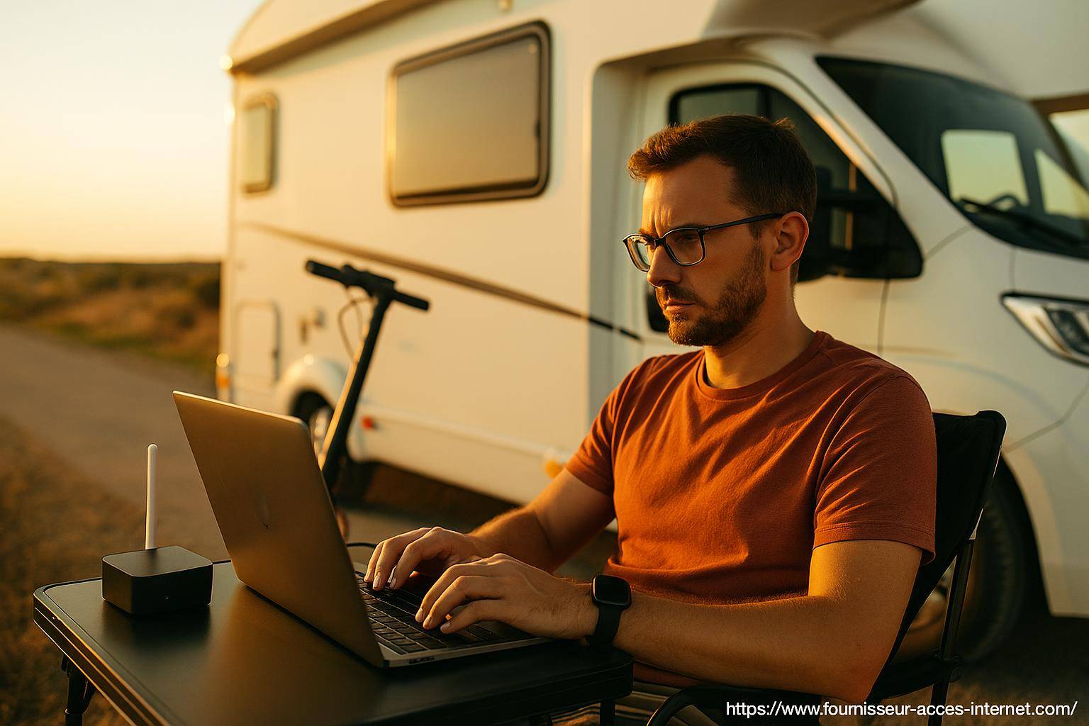 Homme travaillant sur ordinateur devant camping-car