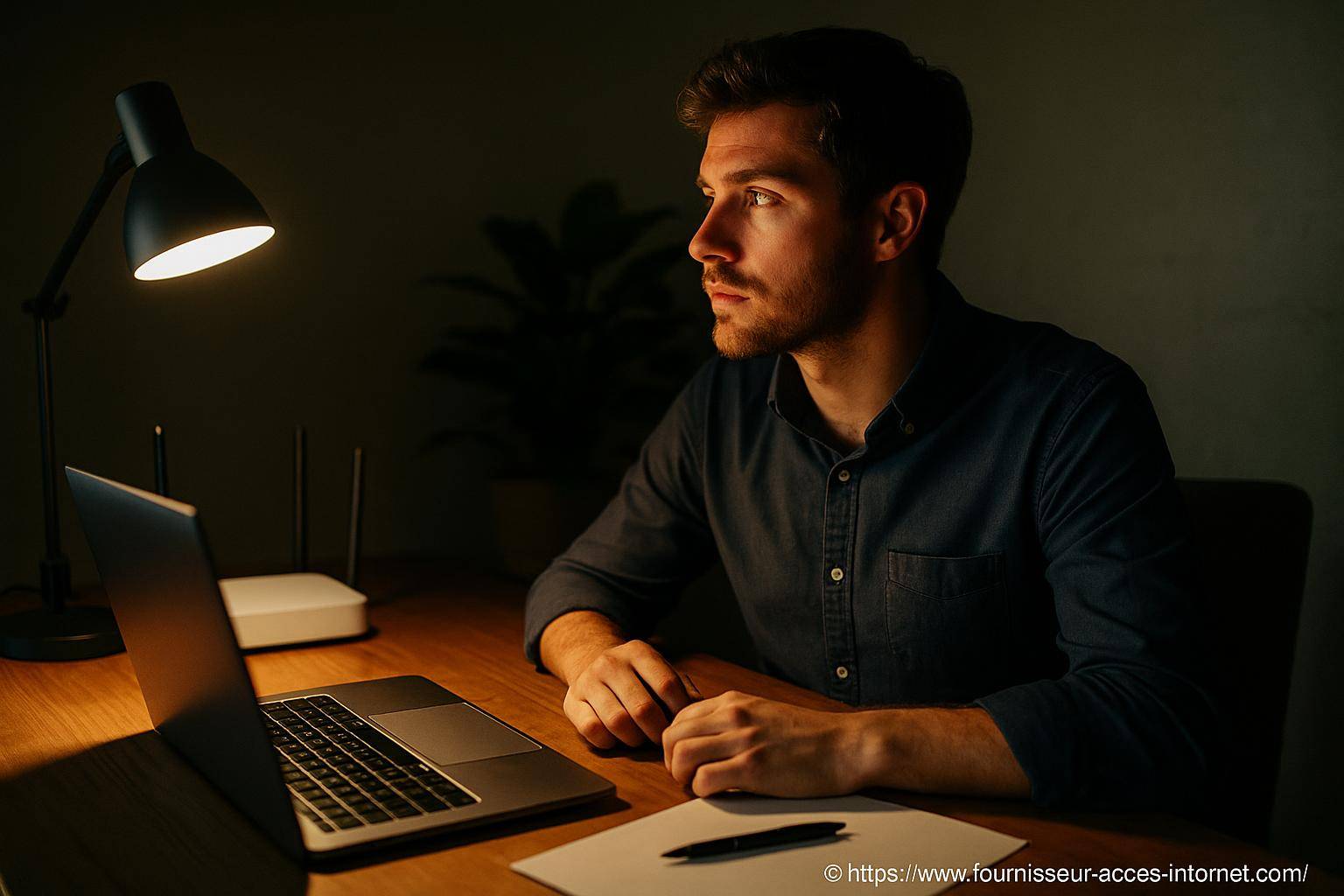 Homme pensif devant ordinateur portable