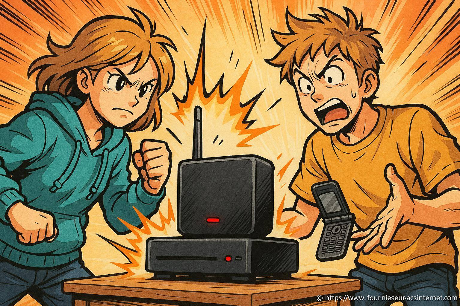 Jeunes en colère face à un routeur wifi défectueux