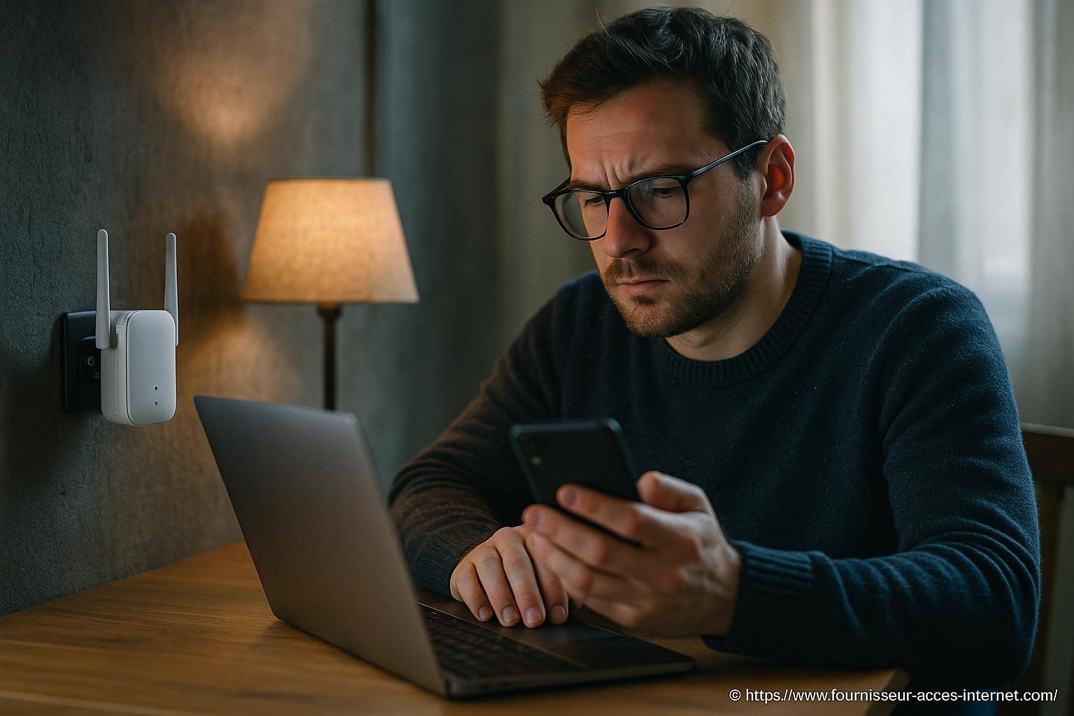 Homme concentré sur smartphone et ordinateur portable