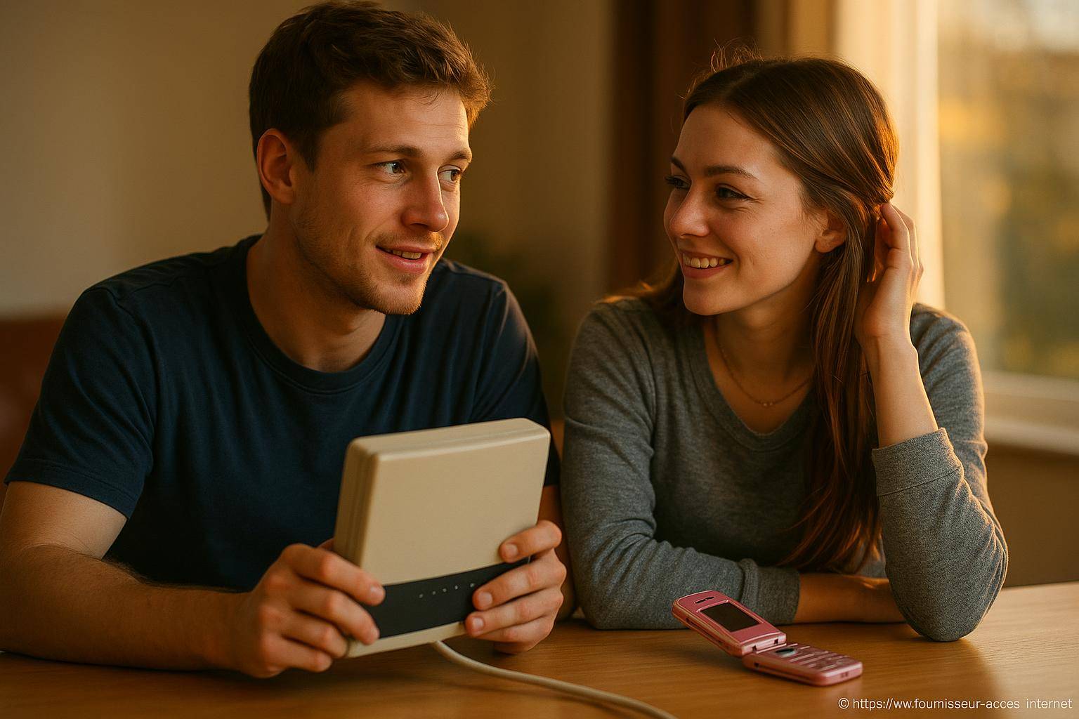 Jeune couple avec modem internet ancien