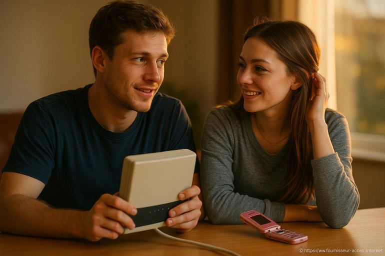 Jeune couple avec modem internet ancien