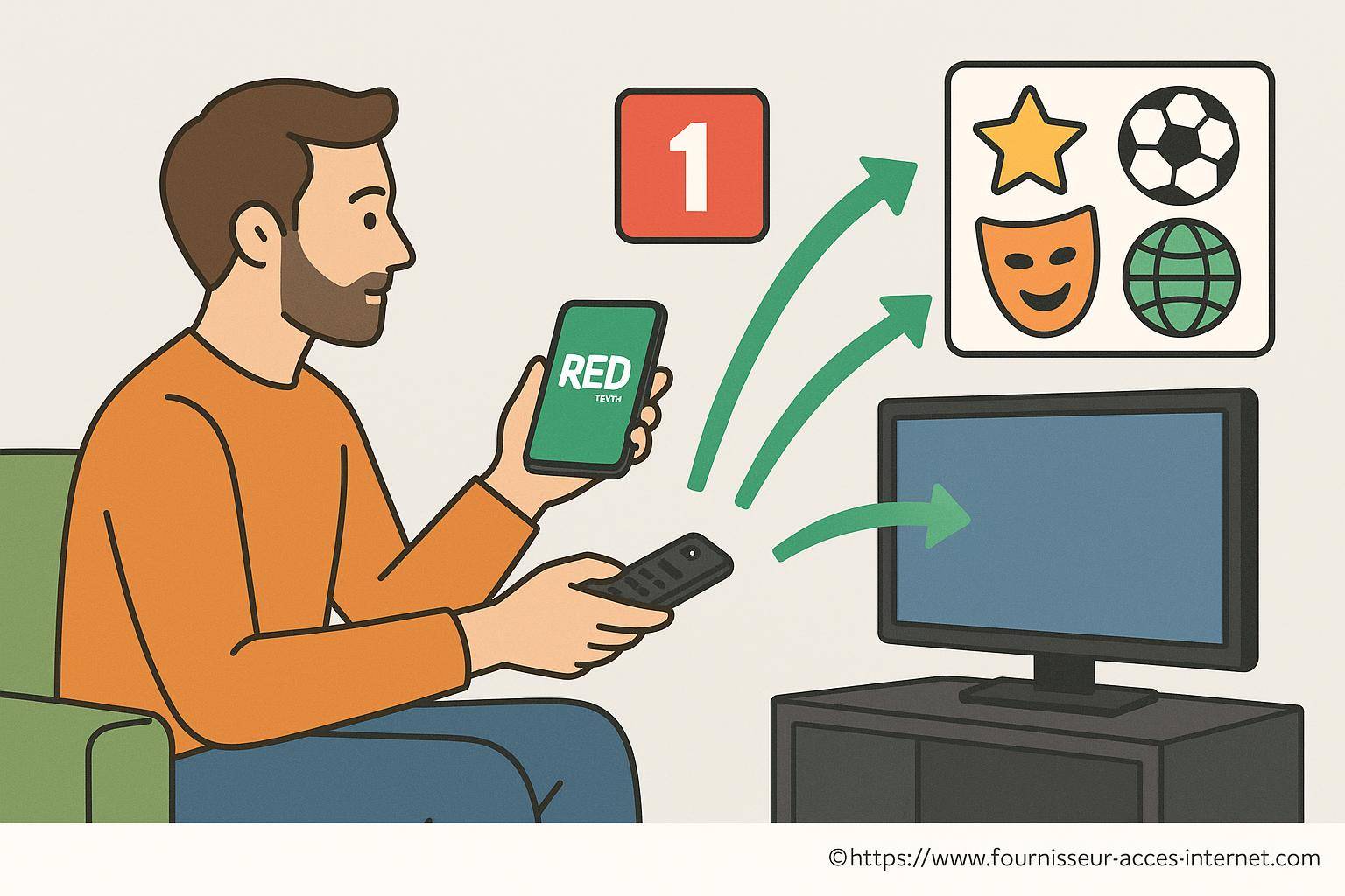 Homme utilisant smartphone et télécommande pour TV