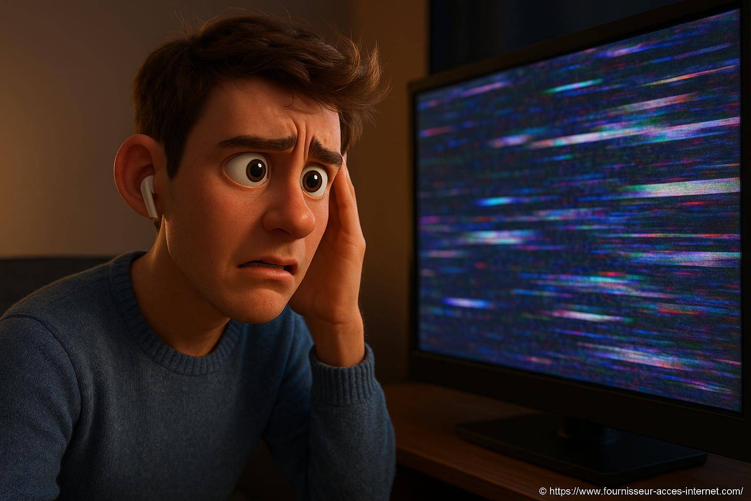 Homme inquiet devant écran TV brouillé
