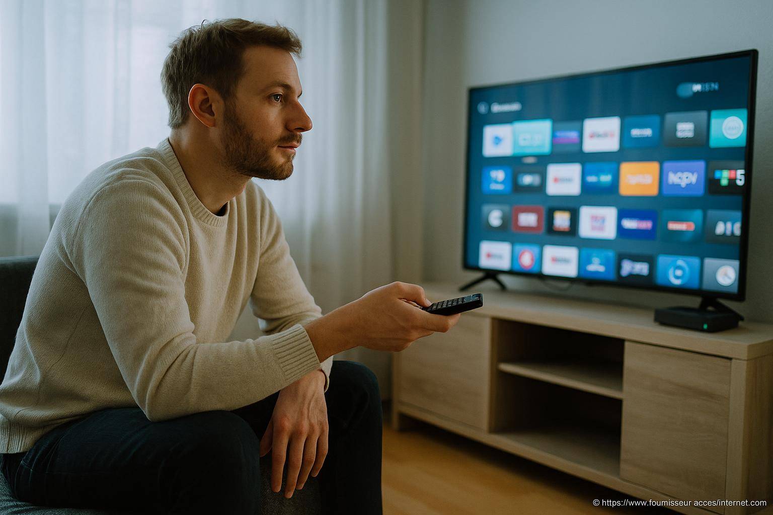 Homme utilisant télécommande devant télévision connectée