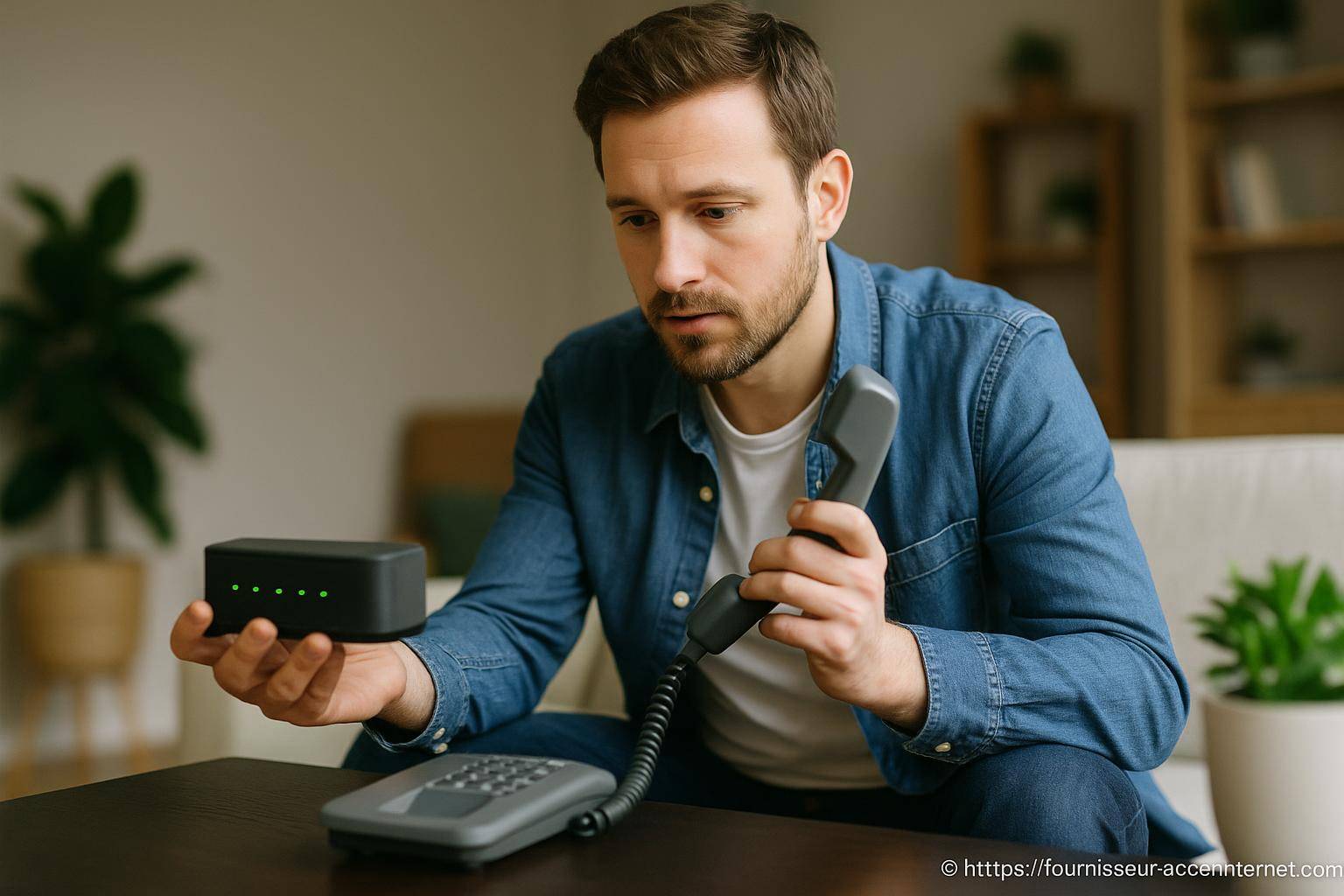 Homme testant une box internet avec téléphone