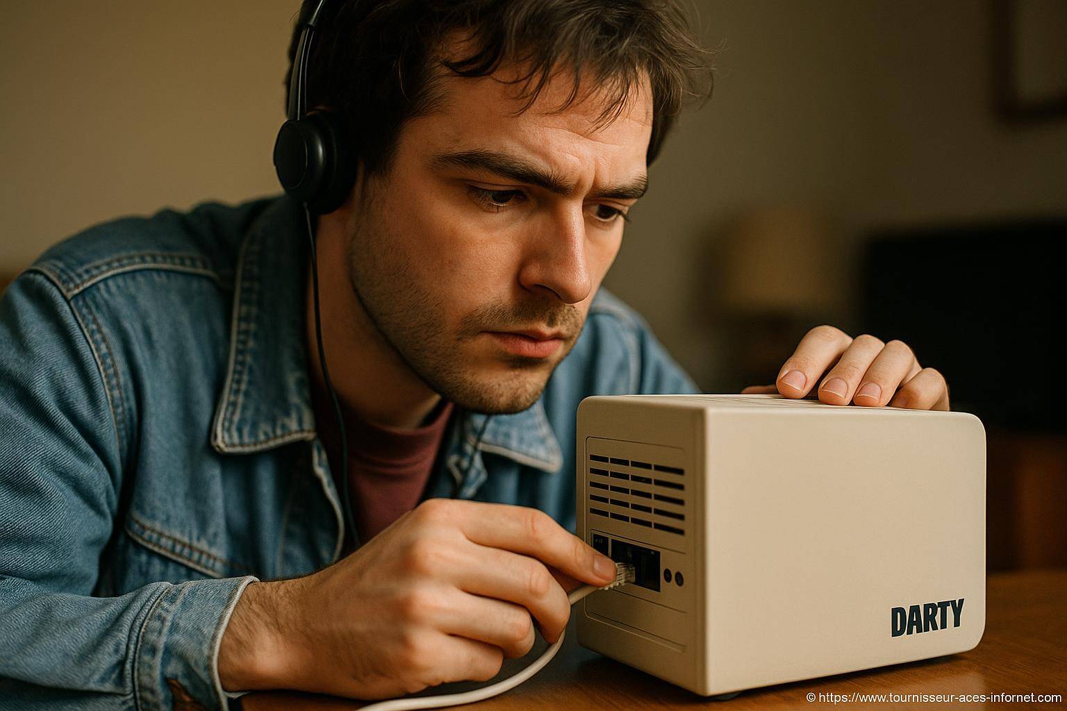 Homme connectant un cùble réseau appareil Darty