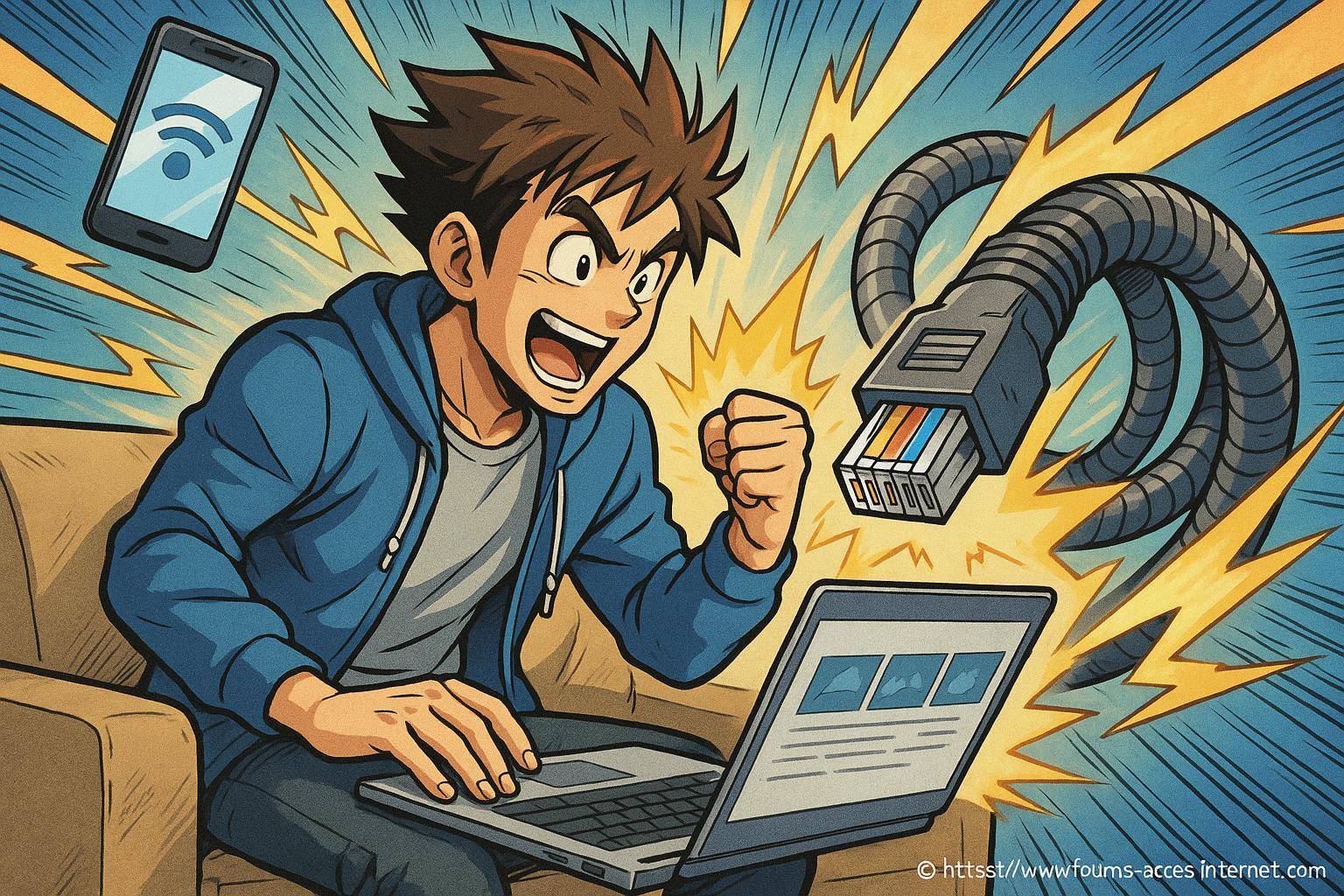 Jeune homme enthousiaste avec connexion internet