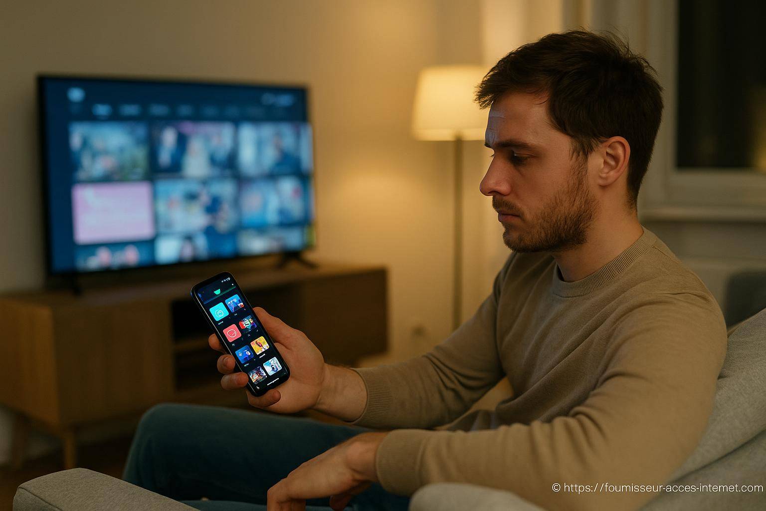 Homme choisissant un film sur smartphone