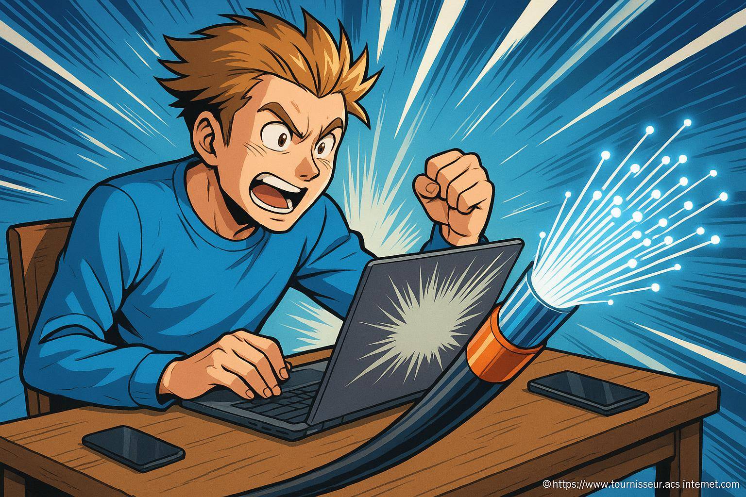 Homme enthousiaste devant ordinateur avec fibre optique