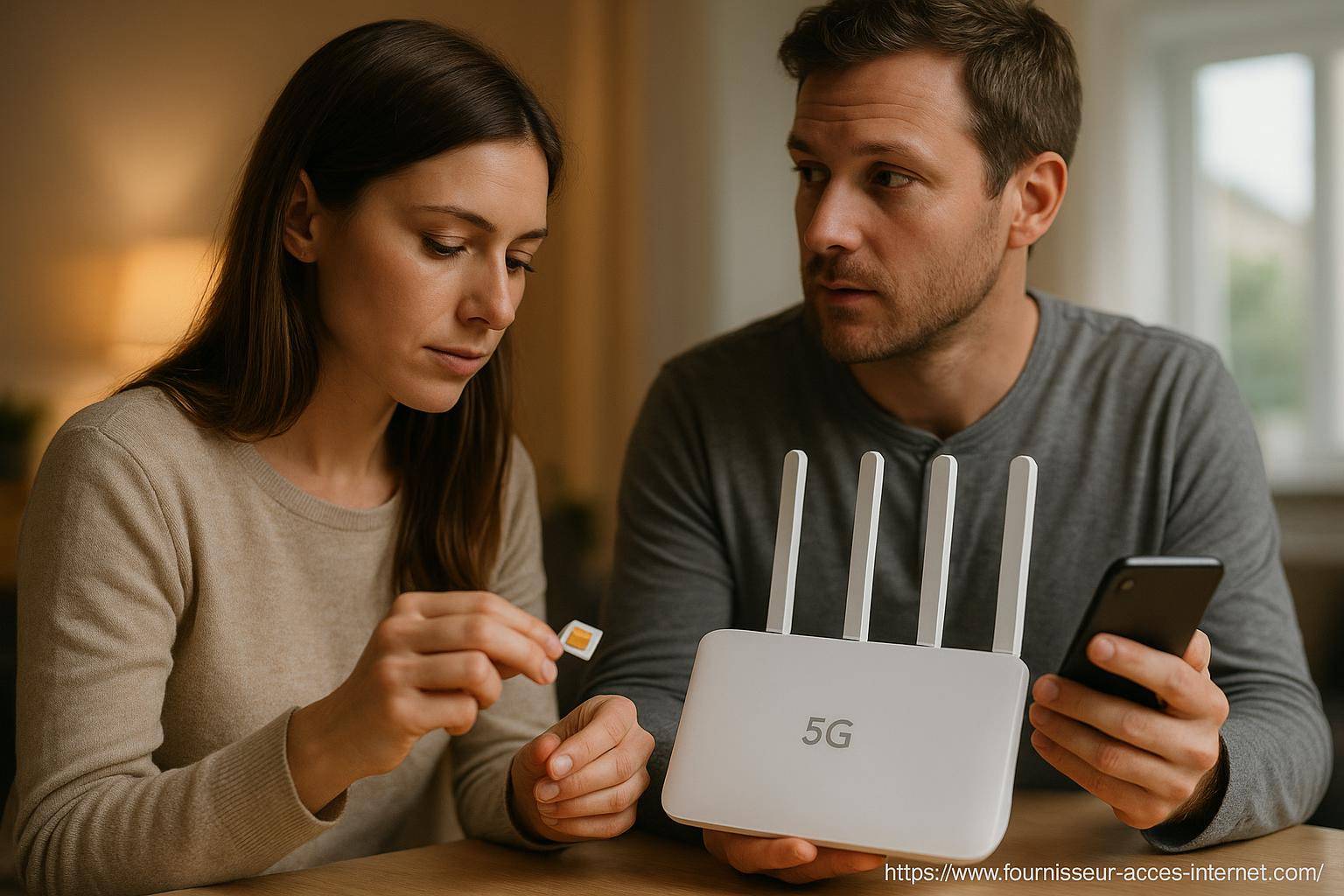 Couple configurant un routeur 5G avec carte SIM