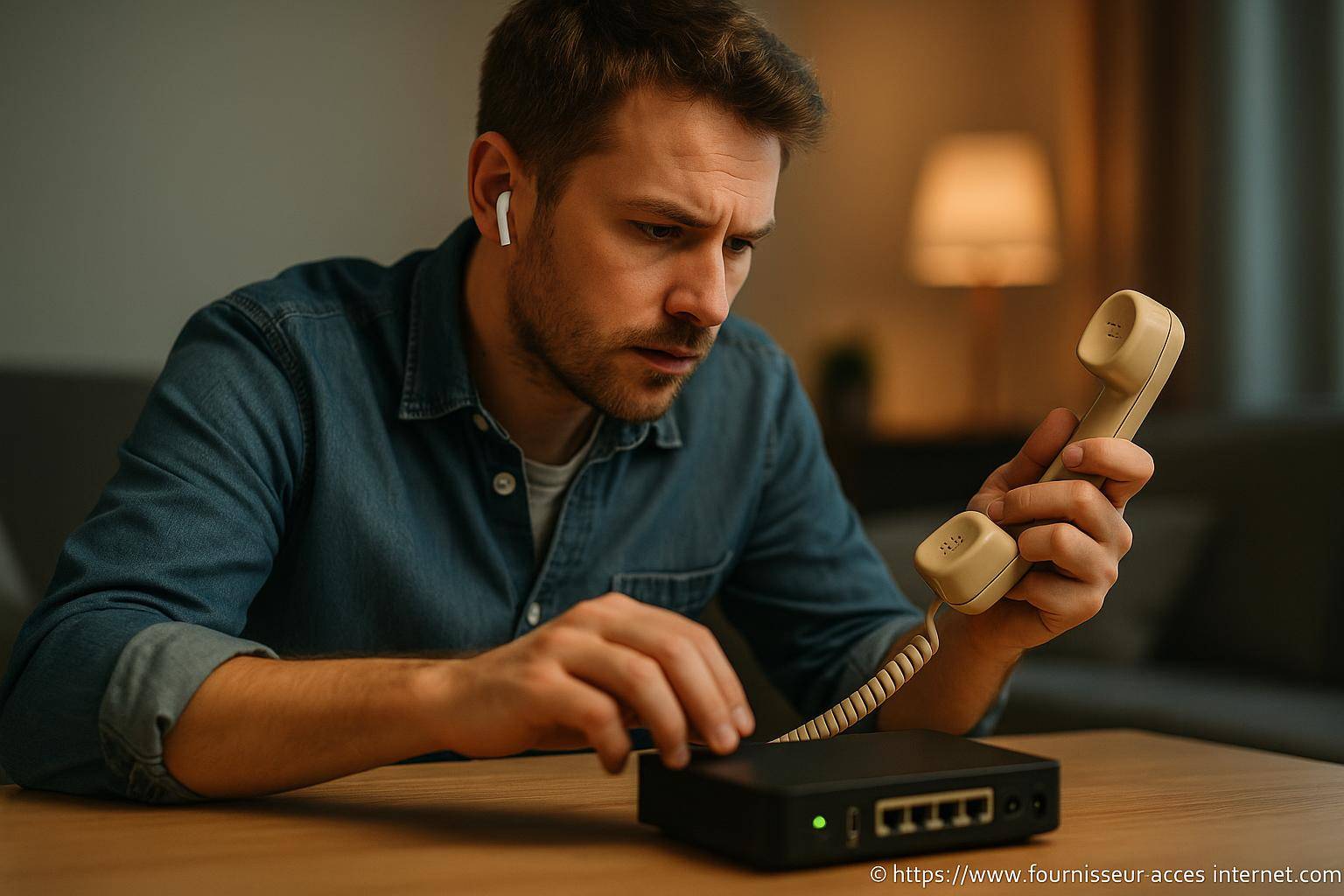 Homme utilisant téléphone fixe et routeur