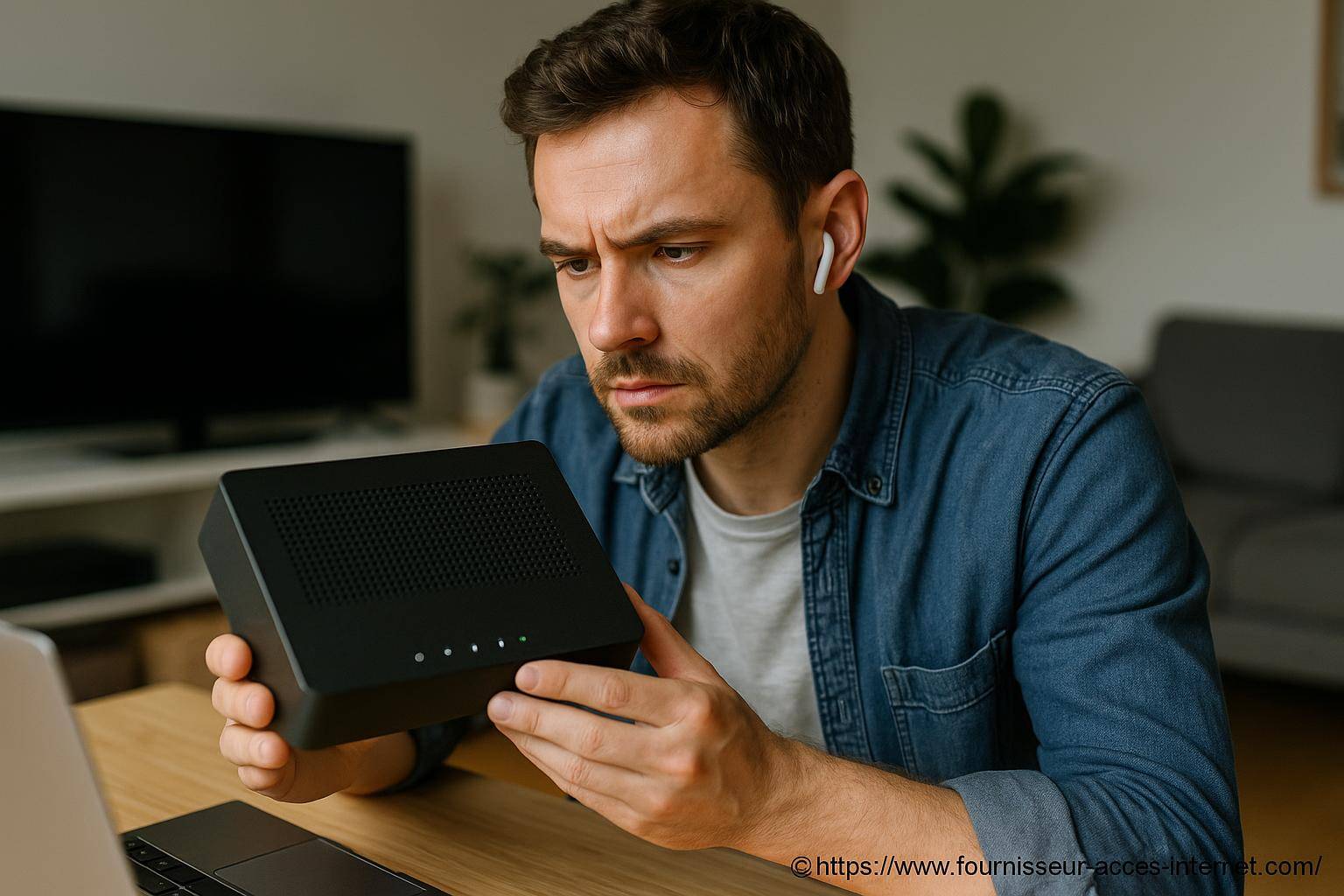 Homme examinant un routeur internet