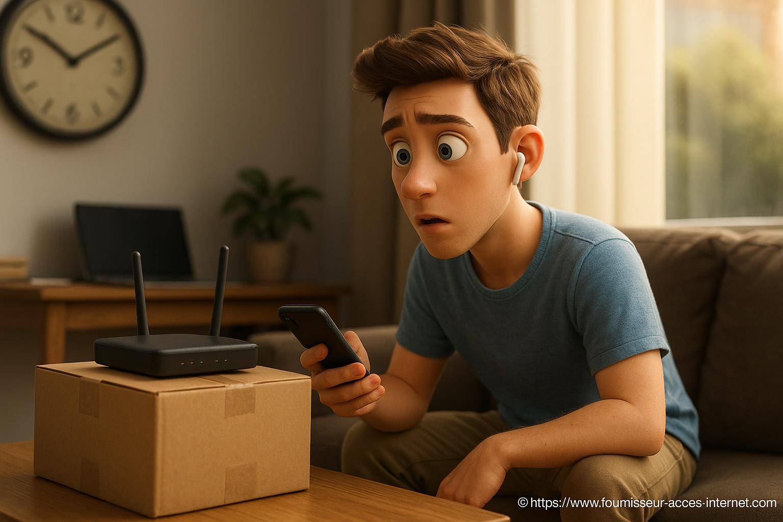 jeune homme surpris face à un routeur wifi