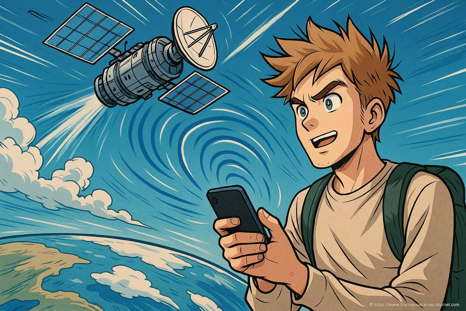 Jeune homme utilisant smartphone avec satellite