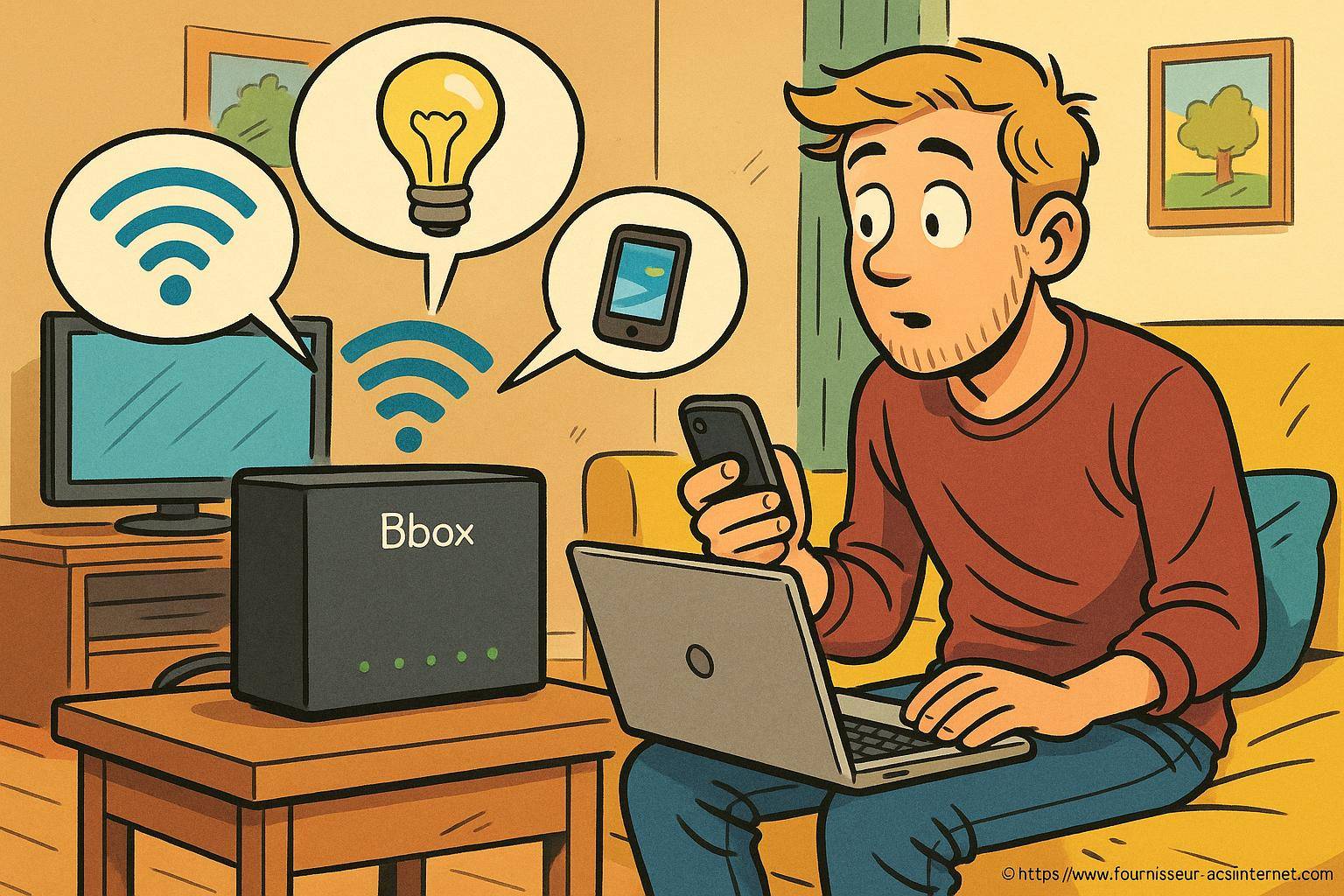 Homme utilisant internet avec box wifi