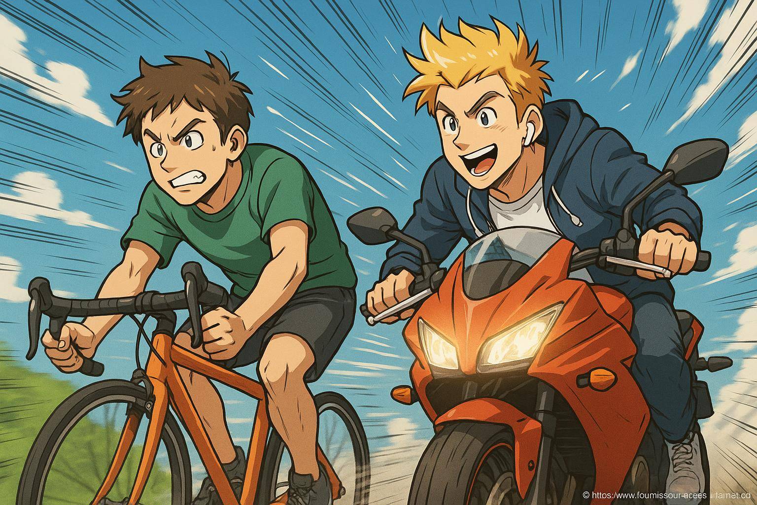 Course entre un cycliste et un motard