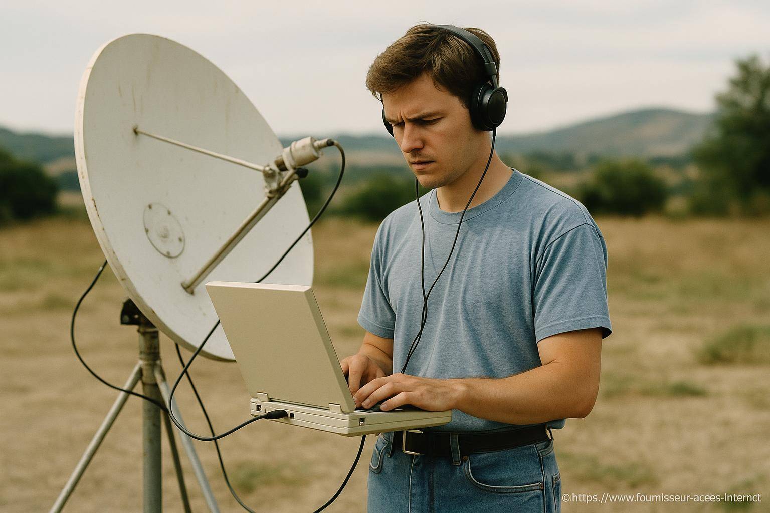 Jeune homme avec ordinateur et antenne parabolique