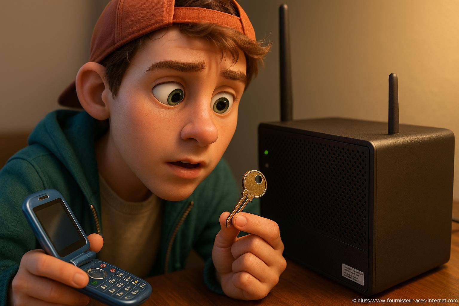 jeune garçon surpris tenant une clé et un téléphone