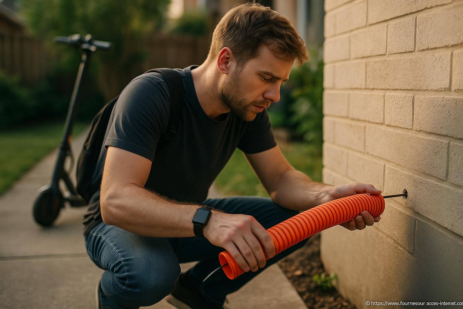 Homme insérant un conduit orange dans mur